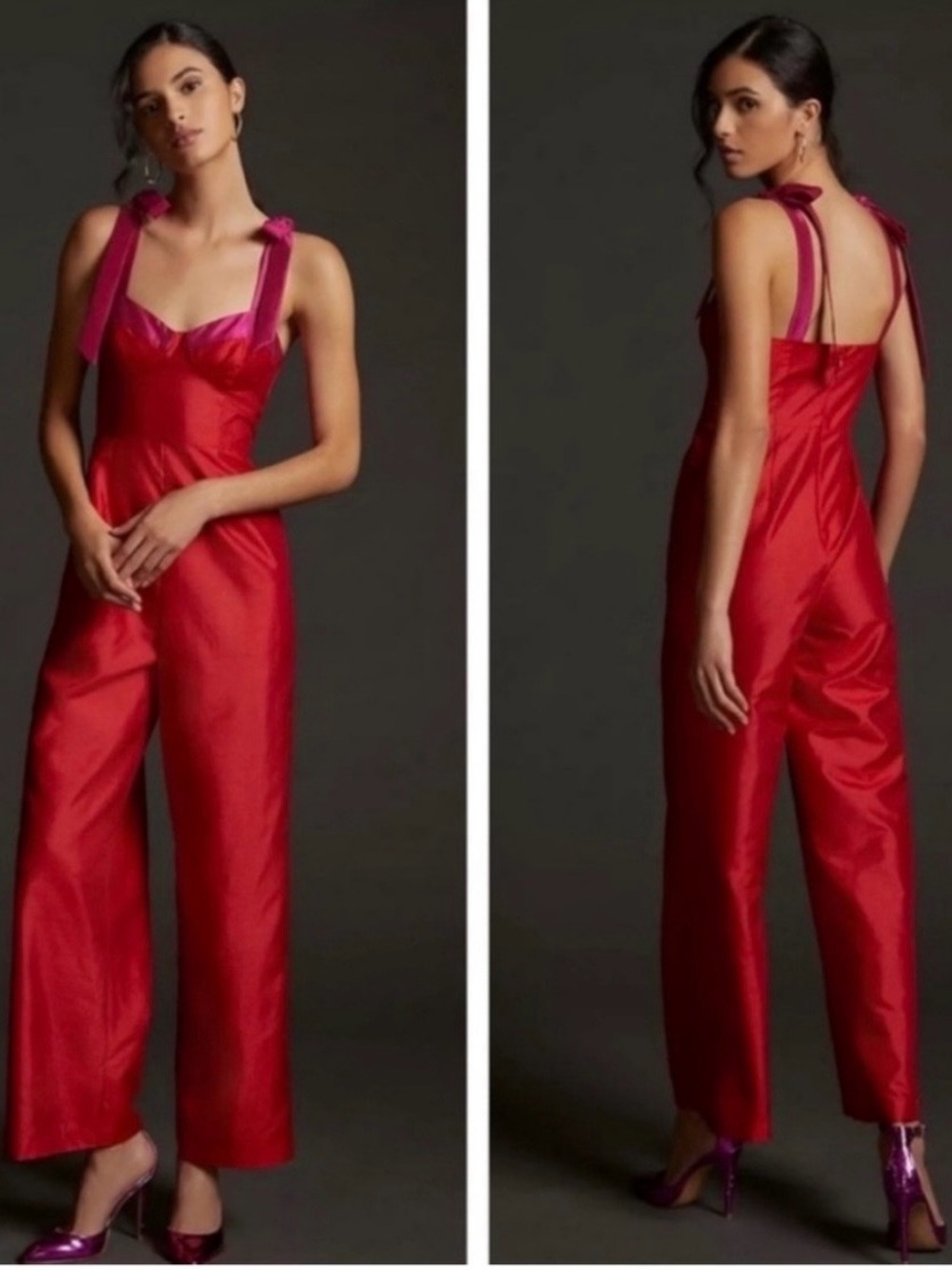 Hatch Red Satin Jumpsuit with Purple Shoulder Ties